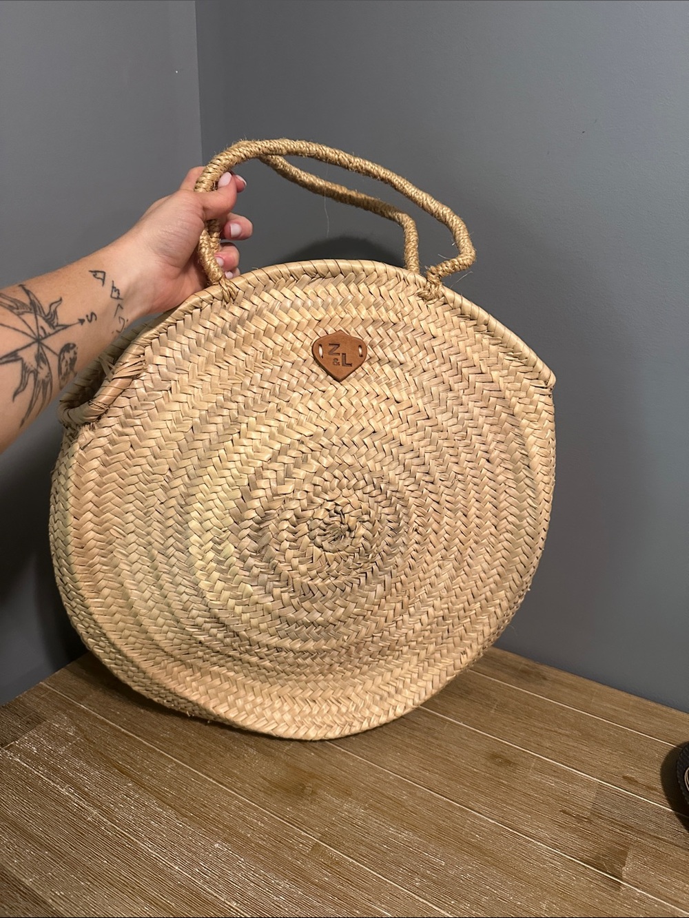 Woven Round Straw Tote Bag - Natural